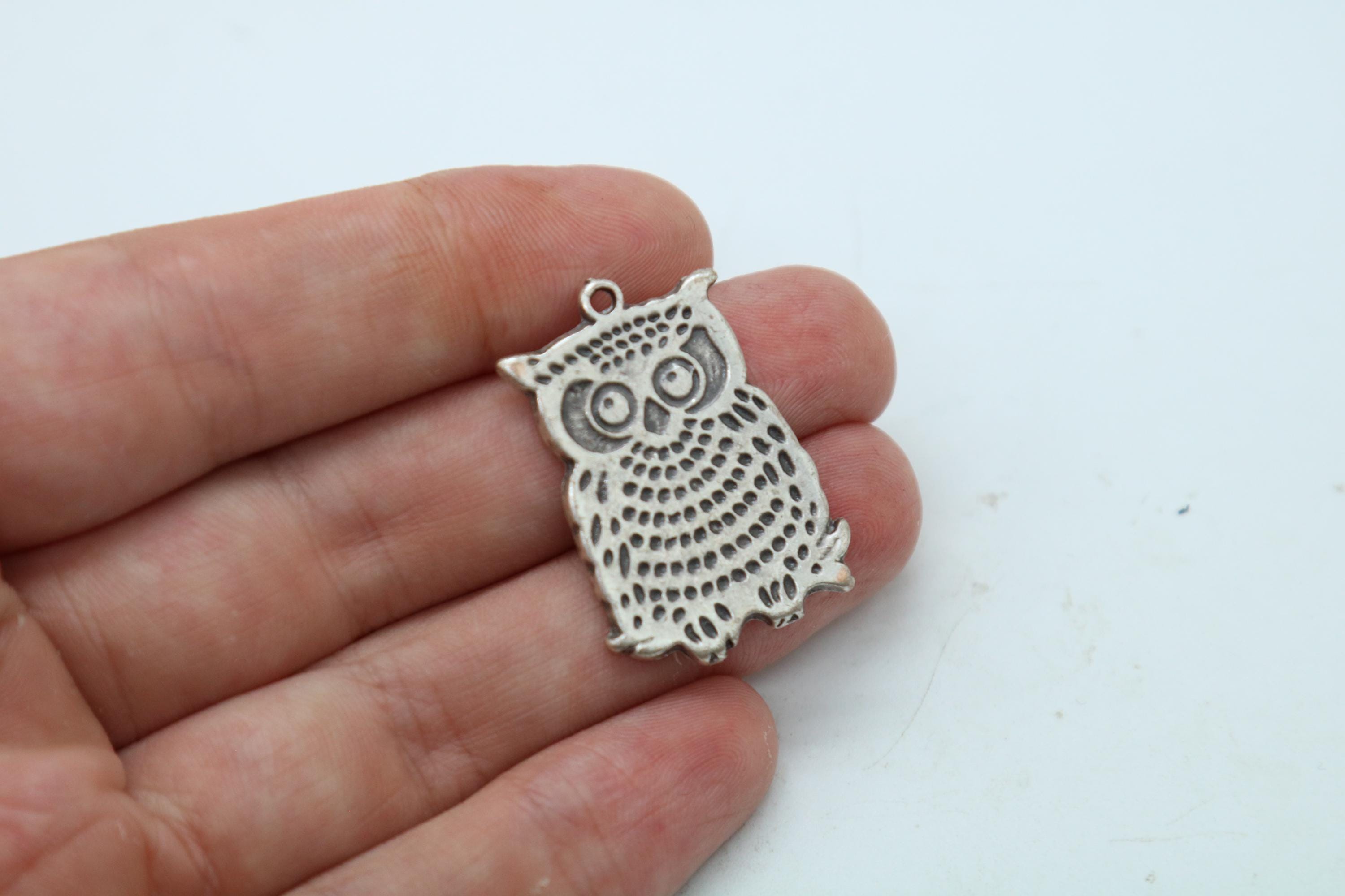 Vintage Silver Owl Charm, Antique Owl Pendant, Wisdom Bird Charm, Woodland Jewelry Supply, Boho Neck