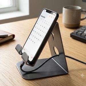 Pode incluir: Um suporte para smartphone em metal cinzento-escuro com perfil triangular e uma abertura circular, segurando um smartphone preto com uma aplicação de calendário. Um cabo de carregamento entrançado preto está ligado ao dispositivo e passa pelo suporte.