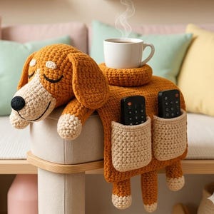Könnte beinhalten: Ein gehäkelter Armlehnen-Organizer in Hundeform in Braun- und Cremetönen. Das Design zeigt einen schlafenden Hundekopf, einen runden Becherhalter für eine weiße Tasse und zwei rechteckige Taschen mit schwarzen Fernbedienungen an der Seite.
