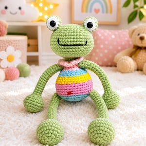 Handmade Crochet Frog Amigurumi Plush Toy, Long-Legged Pastel Nursery Decor