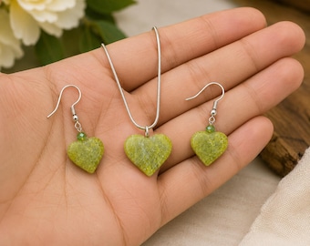 Handmade Natural Serpentine Heart Jewellery Set | Jade Style Necklace & Earrings | Green Stone Gift for Her