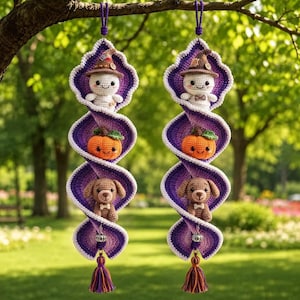 May include: Two identical vertical hanging decorations made of crocheted purple and white spiral fabric. Each features a small white ghost wearing a brown hat, an orange pumpkin, and a brown puppy with a white bone charm, ending in a tassel.