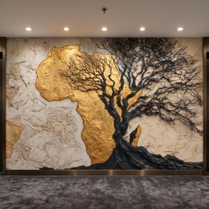 May include: A large wall mural featuring a textured map of Africa in metallic gold leaf against a cream-colored background. A prominent, three-dimensional black tree sculpture with intricate, sprawling branches overlays the continent's shape.