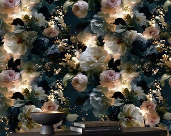 Dark Moody Floral Removable Wallpaper, Vintage Peonies Mural