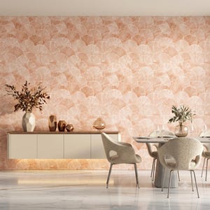 Terracotta Art Deco Fan Peel and Stick Wallpaper, Modern Boho Gingko Leaf Wall Mural, Scalloped Removable Texture Accent Wall Decor