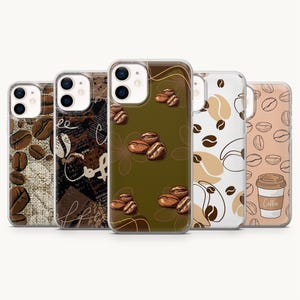 May include: Five clear smartphone cases featuring various coffee-themed designs. Patterns include realistic coffee beans on burlap, dark brown text overlays, a green background with scattered beans, white with brown bean shapes, and a tan coffee cup.