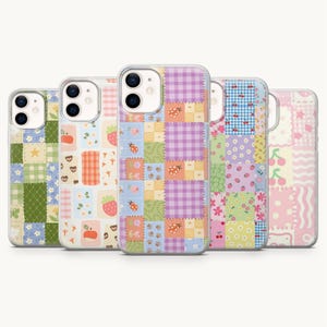 May include: Five smartphone cases arranged in a row, each featuring a distinct patchwork design. The patterns include colorful squares with motifs such as ladybugs, strawberries, cherries, flowers, stars, and gingham checks in various pastel shades.