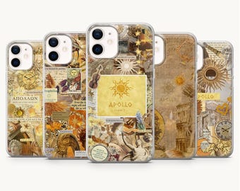 May include: Five smartphone cases featuring a collage of golden-toned imagery including suns, classical statues, musical instruments, clocks, and text such as APOLLO and CABIN 7. The designs incorporate vintage-style paper textures and celestial motifs.