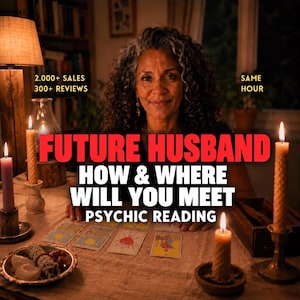 May include: A psychic reading service advertisement featuring a person behind a table with tarot cards, lit candles, and a sage bundle. Text reads: 2.000+ SALES, 300+ REVIEWS, SAME HOUR, FUTURE HUSBAND, HOW & WHERE WILL YOU MEET, PSYCHIC READING.