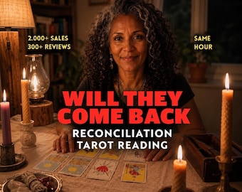May include: A tarot reading setup featuring a spread of cards on a table with lit beeswax candles, a sage bundle, and text that reads: 2.000+ SALES, 300+ REVIEWS, WILL THEY COME BACK, RECONCILIATION TAROT READING, and SAME HOUR.