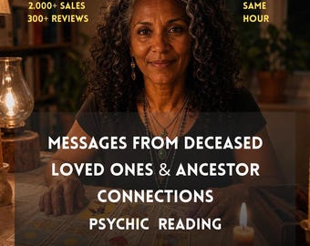 May include: A person with curly gray hair wearing a black shirt and layered necklaces sits at a table with tarot cards. Text reads: 2.000+ SALES, 300+ REVIEWS, SAME HOUR, MESSAGES FROM DECEASED LOVED ONES & ANCESTOR CONNECTIONS PSYCHIC READING.