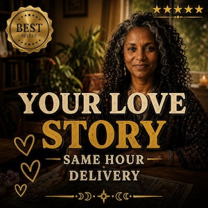 May include: A digital graphic featuring a person with curly dark hair, gold text reading YOUR LOVE STORY, SAME HOUR DELIVERY, a BEST SELLER badge, five gold stars, and three gold heart outlines, with a celestial star and moon icon at the bottom.