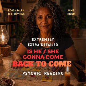 May include: A person with curly hair sits at a table with tarot cards, a lit candle, and text that reads: 2.000+ SALES 300+ REVIEWS SAME HOUR EXTREMELY EXTRA DETAILED IS HE / SHE GONNA COME BACK TO COME PSYCHIC READING.