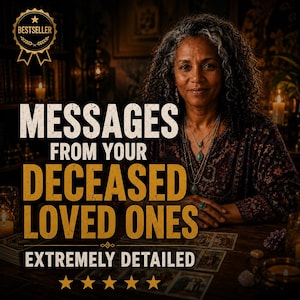 May include: A person with curly gray hair wearing a dark patterned top and layered necklaces sits behind a table with tarot cards. The text reads: BESTSELLER, MESSAGES FROM YOUR DECEASED LOVED ONES, EXTREMELY DETAILED, and five gold stars.