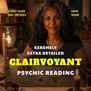 May include: A person with curly dark hair sits at a table with tarot cards, candles, and a sage bundle. Text reads: 2.000+ SALES, 300+ REVIEWS, SAME HOUR, EXTREMELY EXTRA DETAILED CLAIRVOYANT PSYCHIC READING. The scene is dimly lit with warm candlelight.