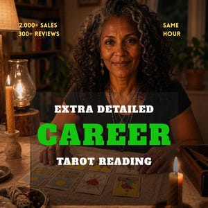 May include: A person with curly dark hair sits at a table with tarot cards, two lit candles, and a bundle of sage. Text reads: 2.000+ SALES, 300+ REVIEWS, SAME HOUR, EXTRA DETAILED CAREER TAROT READING. The setting is dimly lit with a bookshelf.