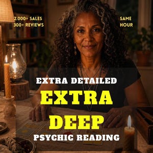 May include: A person with curly dark hair sits at a table with tarot cards, two lit candles, and a bundle of sage. Text reads: 2.000+ SALES, 300+ REVIEWS, SAME HOUR, EXTRA DETAILED, EXTRA DEEP, PSYCHIC READING. The setting is dimly lit and indoor.