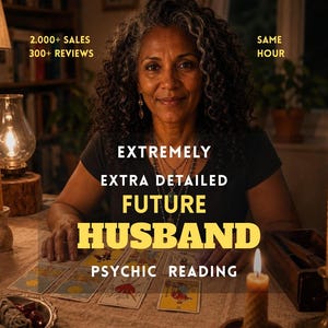 May include: A person with curly dark hair sits at a table with tarot cards, a lit candle, and text that reads: 2.000+ SALES 300+ REVIEWS SAME HOUR EXTREMELY EXTRA DETAILED FUTURE HUSBAND PSYCHIC READING. The scene is dimly lit with warm lighting.