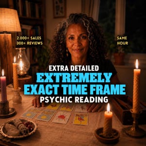 May include: A psychic reading service featuring text that reads EXTRA DETAILED EXTREMELY EXACT TIME FRAME PSYCHIC READING, 2.000+ SALES, 300+ REVIEWS, and SAME HOUR. The scene includes lit beeswax candles, tarot cards on a table, and a sage bundle.