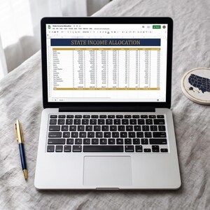 May include: A silver laptop displaying a spreadsheet titled STATE INCOME ALLOCATION, accompanied by a dark blue United States passport, a gold and blue pen, and a circular coaster featuring a dark blue map of the United States on a white background.