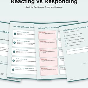 Op de afbeelding: Een vierpagina's tellend bewerkbaar PDF-document getiteld Reacting vs Responding, Catch the Gap Between Trigger and Response. De pagina's hebben blauwgroene randen en bevatten gestructureerde tekst, genummerde lijsten en tabellen.