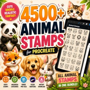 Może przedstawiać: Cyfrowa reklama produktu z ilustracjami pandy, lisa, szczeniaka i królika z tekstem 4500+ ANIMAL STAMPS FOR PROCREATE. Tablet wyświetla siatkę ikon pieczątek ze zwierzętami, rysik oraz drewniany znak.