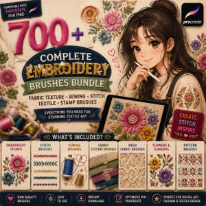 700+ Procreate broderipenselpaket för iPad | Set med stämplar för realistiska fuskstygn, satin, kedje- och korsstygn samt tyg- och textiltrådar