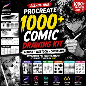 Op de afbeelding: Een digitale tekenset voor Procreate met meer dan 1000 strip-assets, waaronder inktborstels, halftonen, snelheidslijnen, tekstballonnen, panelen, texturen, geluidseffecten, poses, stempels en achtergrondborstels met een manga-stijl illustratie.