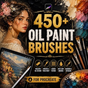 Op de afbeelding: Een digitale kunstset getiteld 450+ OIL PAINT BRUSHES FOR PROCREATE met een portret van een persoon met bloemen in het haar, een tablet met een landschapsschilderij, een palet met olieverf en diverse fysieke penselen.