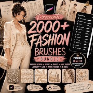 2000+ Procreate Fashion Brushes Bundle | Stämplar för kläder, outfits, tygtexturer, smycken, klänningar och krokar för modeillustrationer på iPad