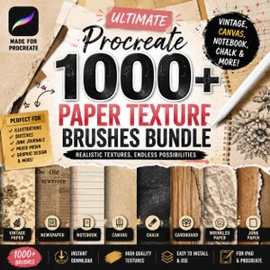 May include: A digital product bundle for Procreate featuring over 1000 paper texture brushes. The graphic displays the text Ultimate Procreate 1000+ Paper Texture Brushes Bundle, with icons and labels for vintage, newspaper, notebook, canvas, chalk, cardboard, wrinkled paper, and junk paper textures.