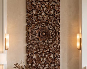 Hand Carved Teak Wood Wall Panel: Floral Sculpture, Boho Rustic Decor 14x36