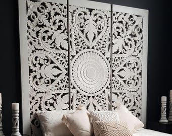 Large White Hand Carved Wood Panel Floral Wooden Wall Art Farmhouse Decor  Headboard Decor