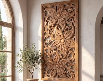 Teak Wood Carved Wall Panel Natural Wood Floral Wall Art Rustic Decor Handmade Wooden Wall Sculpture