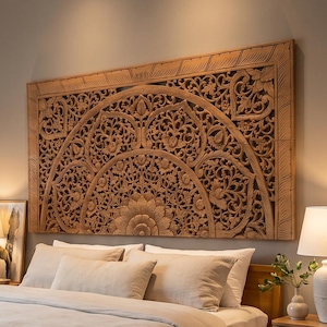 Handmade reclaimed teak wood queen headboard featuring intricate Lanna floral mandala carving, wooden wall art, wooden wall decor, boho wall hanging, wood wall panel, Asian-inspired bedroom headboard, farmhouse decor, Japandi wall art, luxury carved wood wall sculpture, and statement home decor for modern interiors.