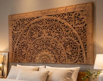 Hand-Carved Teak Wood Queen Headboard: Lanna Floral Mandala Boho Wall Art