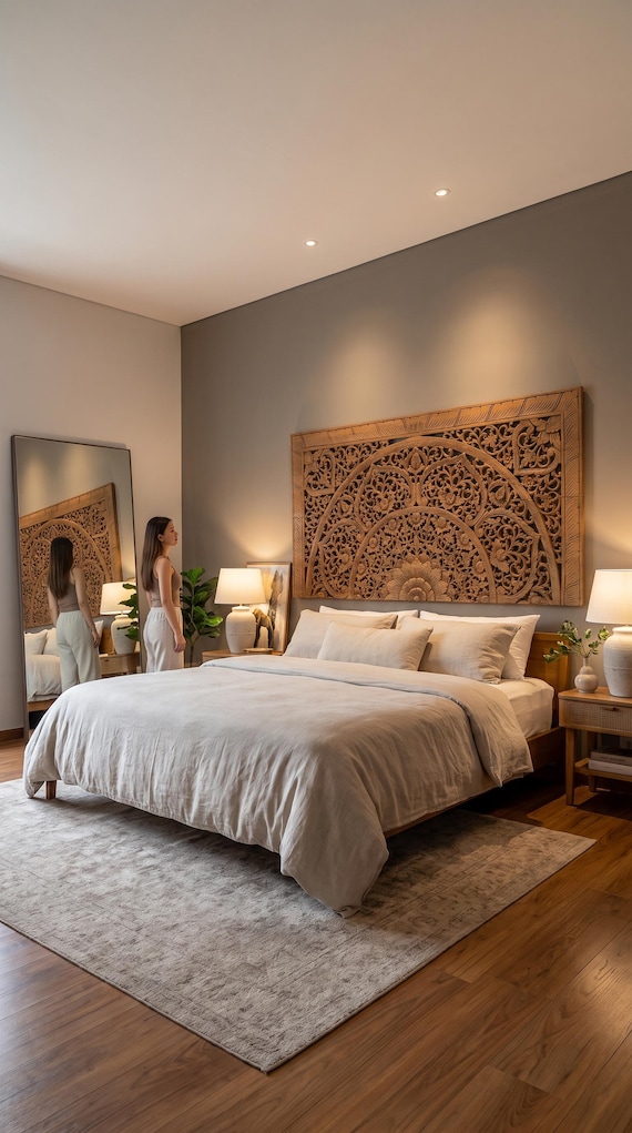 Hand-Carved Teak Wood Queen Headboard: Lanna Floral Mandala Boho Wall Art