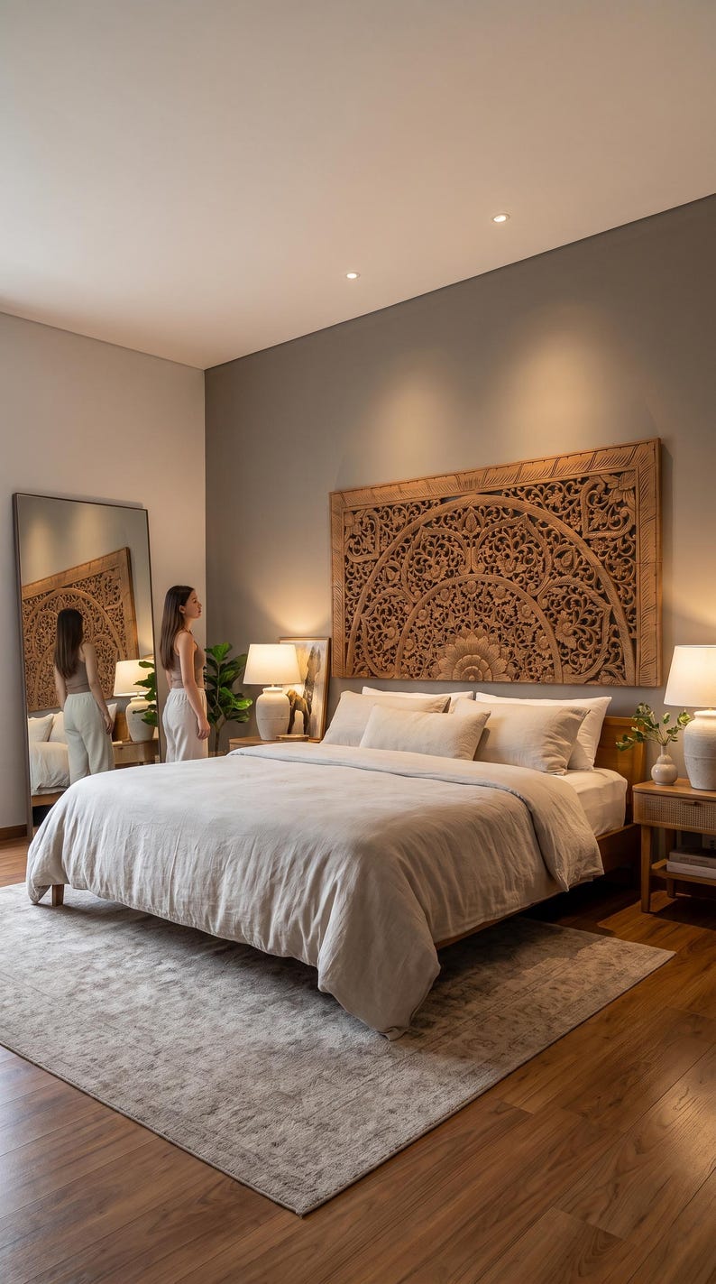 Handmade reclaimed teak wood queen headboard featuring intricate Lanna floral mandala carving, wooden wall art, wooden wall decor, boho wall hanging, wood wall panel, Asian-inspired bedroom headboard, farmhouse decor, Japandi wall art, luxury carved wood wall sculpture, and statement home decor for modern interiors.