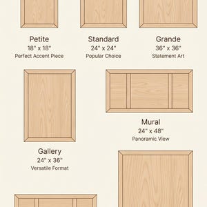 K&ouml;nnte beinhalten: Ein Gr&ouml;&szlig;enleitfaden f&uuml;r Dolphin Overseas Holzwandpaneele, der sechs quadratische und rechteckige Paneeloptionen mit Abmessungen in Zoll zeigt: Petite 18" x 18", Standard 24" x 24", Grande 36" x 36", Gallery 24" x 36", Mural 24" x 48" und Estate 36" x 48".