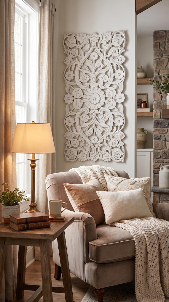 Hand Carved White Washed Teak Wood Wall Panel Decor Farmhouse Art Floral Wood Carving