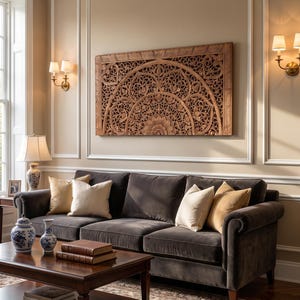 Handgeschnitztes Teak Holz Queen Kopfteil: Lanna Floral Mandala Boho Wandkunst Bild 5