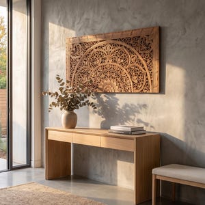 Handgeschnitztes Teak Holz Queen Kopfteil: Lanna Floral Mandala Boho Wandkunst Bild 7