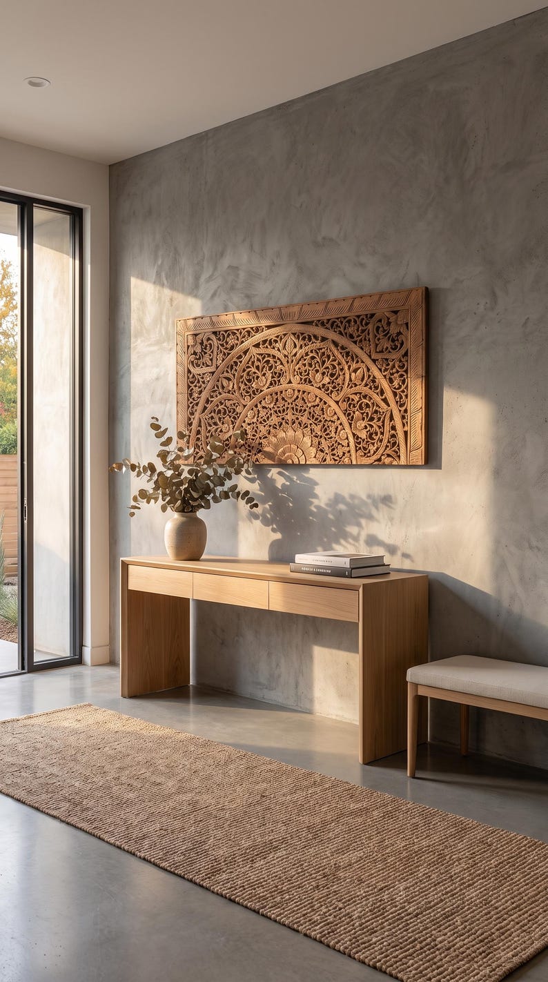 Handgeschnitztes Teak Holz Queen Kopfteil: Lanna Floral Mandala Boho Wandkunst Bild 7