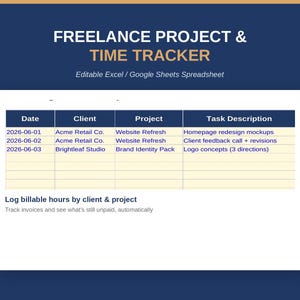 Könnte beinhalten: Eine digitale Tabellenkalkulation mit dem Titel FREELANCE PROJECT & TIME TRACKER mit Spalten für Date, Client, Project und Task Description. Die Tabelle enthält Beispiel-Einträge für Acme Retail Co. und Brightleaf Studio sowie den Text Log billable hours by client & project.