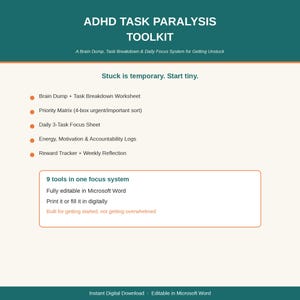 Puede incluir: Kit de herramientas para la parálisis de tareas TDAH con brain dump, desglose de tareas, matriz de prioridades, hoja de enfoque diario, registros de energía y seguimiento de recompensas, editable en Microsoft Word para uso digital o impreso.