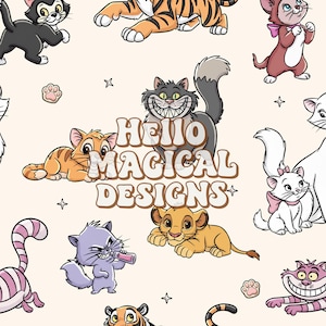 May include: A pattern featuring various cartoon cats and a lion cub on a light cream background. The text HELLO MAGICAL DESIGNS is centered in a brown, rounded font. The illustration includes a grinning grey cat, a white kitten, and a purple kitten.