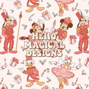May include: A repeating pattern on a light pink background featuring cartoon characters in red and pink holiday outfits, including nutcracker uniforms and ballerina costumes, interspersed with gift boxes, candy canes, and holly, with the text HELLO MAGICAL DESIGNS.