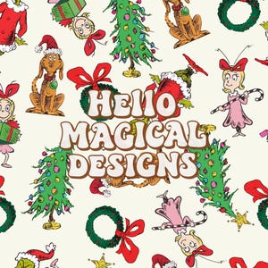 May include: A repeating pattern featuring cartoon characters, Christmas trees, wreaths, and gifts on a cream background. The text HELLO MAGICAL DESIGNS is centred in large, bold, white letters with a brown outline, overlaying the festive illustrations.