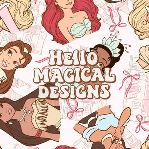 Puede incluir: Un patrón repetitivo que presenta varios personajes ilustrados con diversos colores y estilos de cabello, intercalados con castillos de arte lineal y cintas rosas. El texto HELLO MAGICAL DESIGNS está centrado en una fuente blanca, negrita y redondeada.