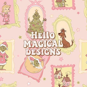 Puede incluir: Un patrón repetitivo sobre un fondo rosa claro con personajes de dibujos animados, casas y árboles de Navidad dentro de marcos ornamentados. El texto HELLO MAGICAL DESIGNS está centrado en blanco con un borde marrón sobre los elementos.